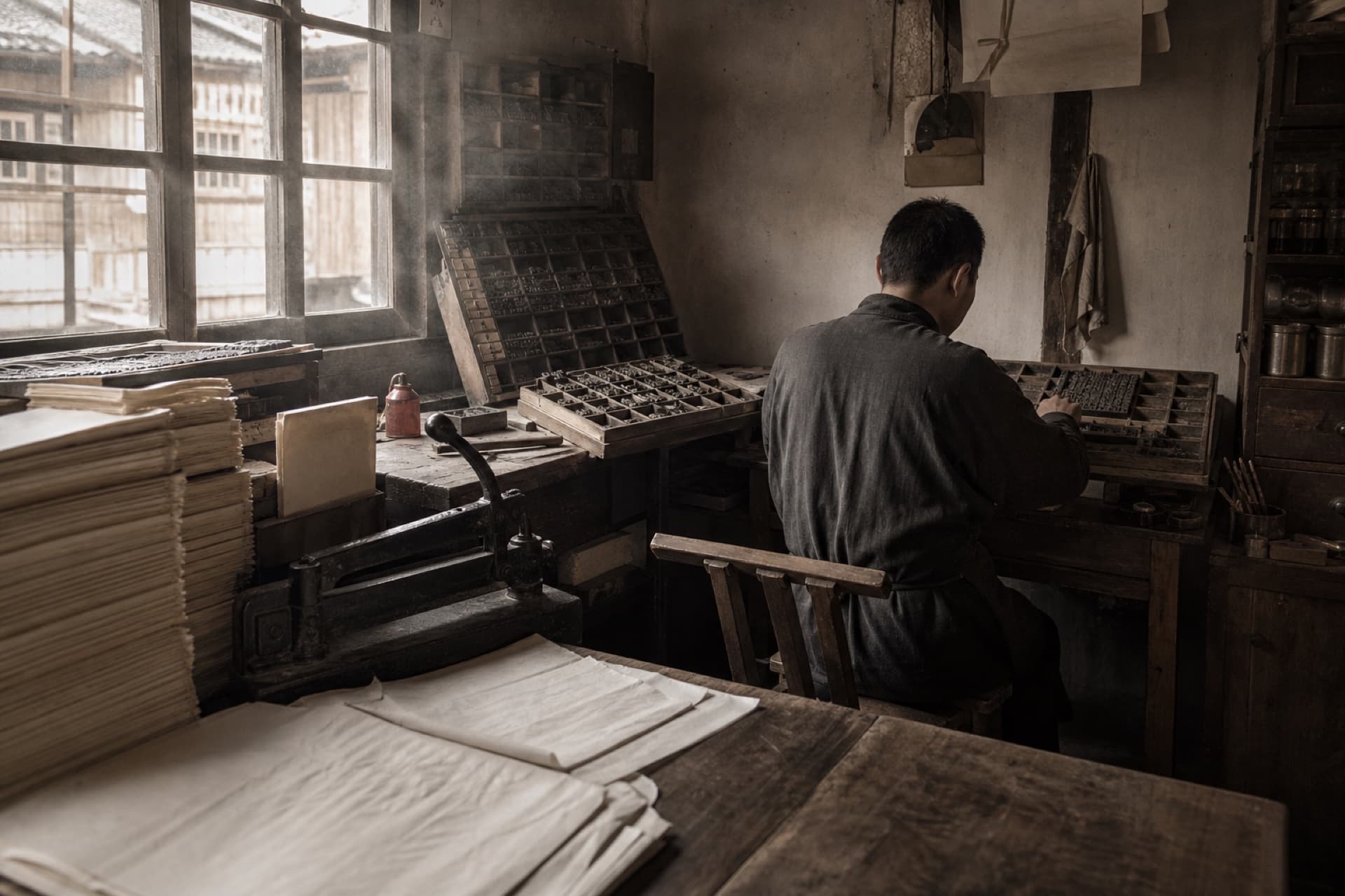 Interpretive view of a 1940s Chinese-language typesetting workshop